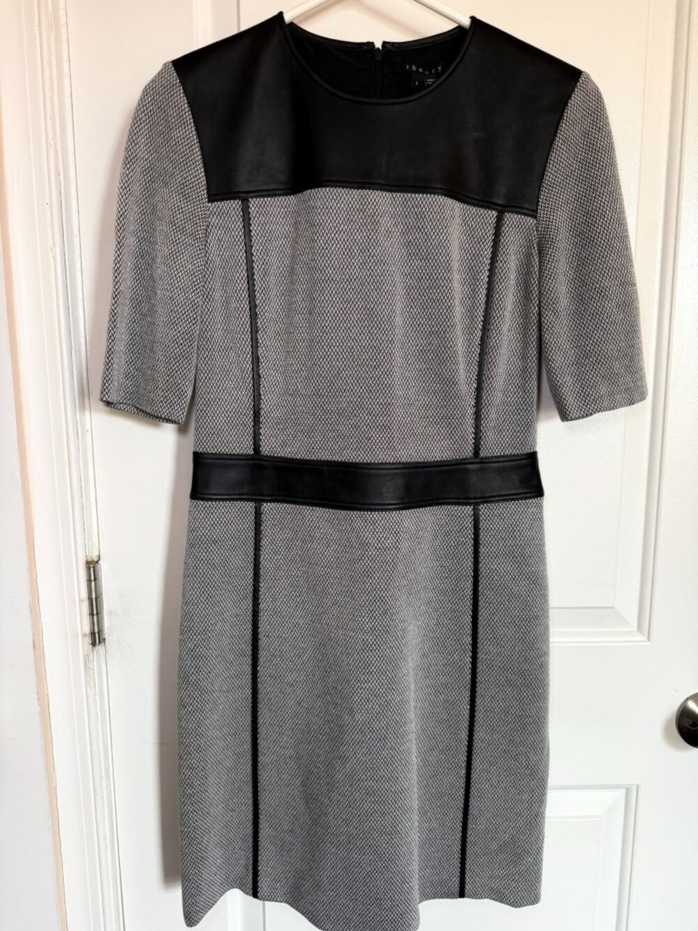 NWT Theory Lamb Leather Trim Chevron Tweed Sheath Dress Grey Black Size 8
